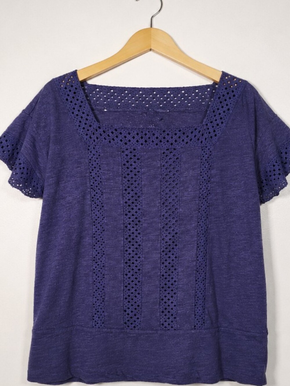 Madewell Boho Crochet Top Women’s Navy Blue Short Sleeve Blouse Casual Festival - Picture 2 of 7